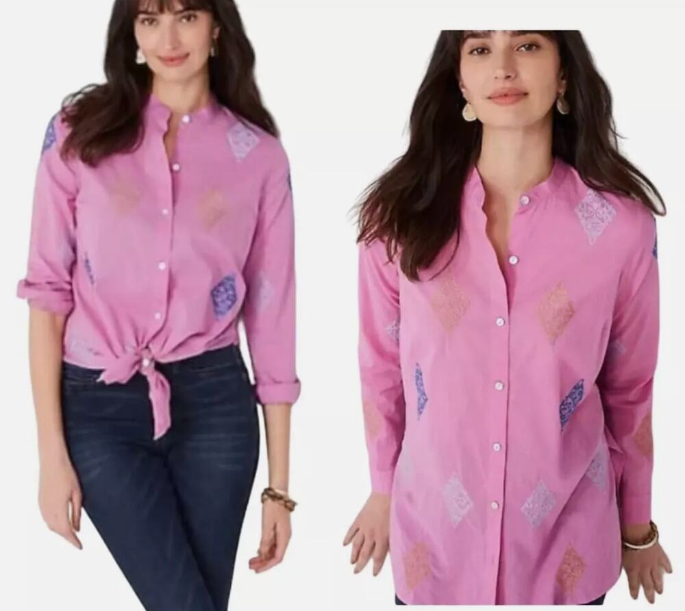 J. Jill Women's Pink Embroidered Lightweight Boho Chic Button-up Blouse Top S P